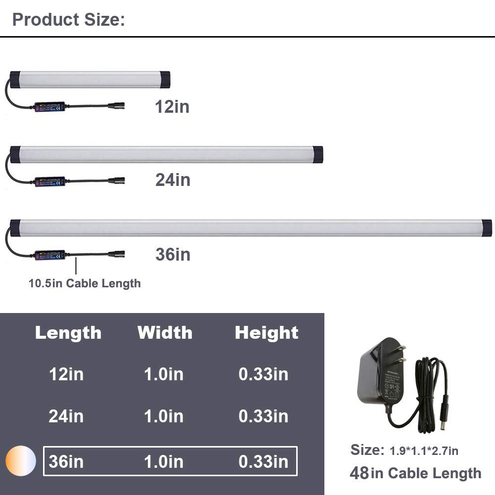 LAIFUNI Dimmable LED Under Cabinet Light Bar, 36 Inch, Color Temperature Changing, Aluminum, Warm/Natural/Neutral/Cool White, Model LF-018-W