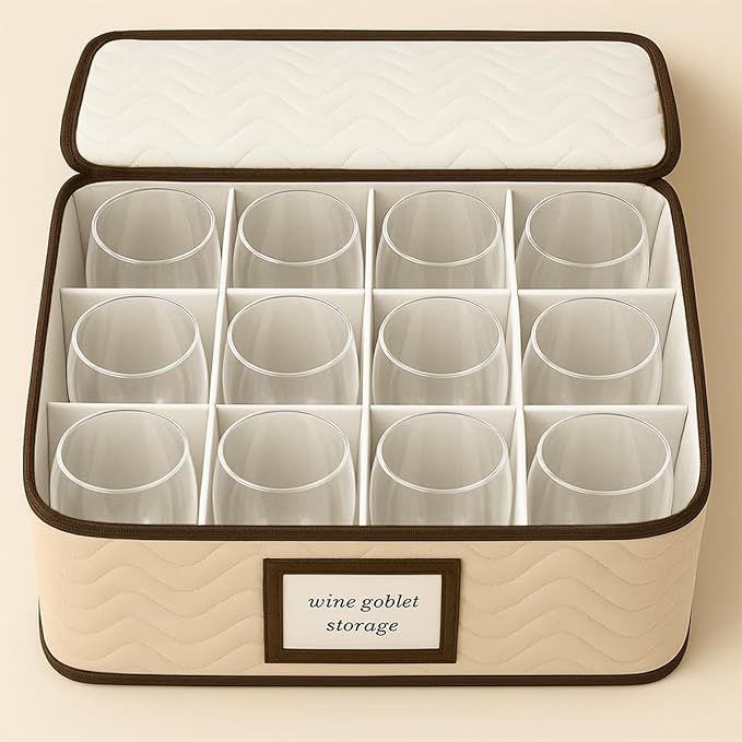 Wine Glass Storage Box with Dividers - Stemware Storage Case, Durable Quilted Microfiber Bin with Carry Handles, Protects Fine China - Durable Quilted Microfiber Bin with Carry Handles (1 Pack, Red Wine Glass)