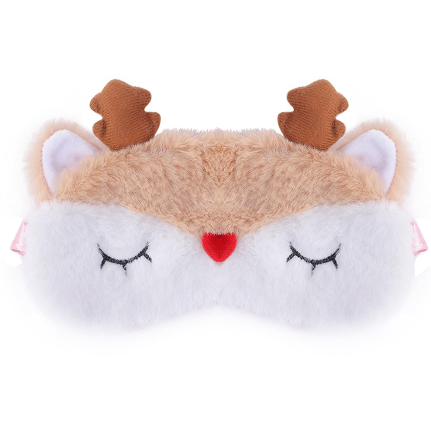 JRINYE Cute Reindeer Plush Sleep Mask - Soft Fluffy Eye Cover Blindfold for Kids, Girls and Adults - Beige