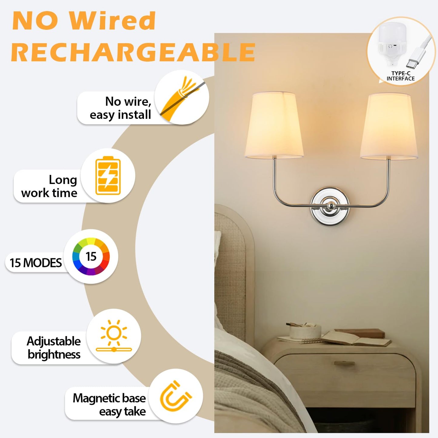 PASSICA DECOR Wireless Wall Sconce Set of 2, Rechargeable Dimmable LED, 15 Colors, Chrome, Model CA7010-04