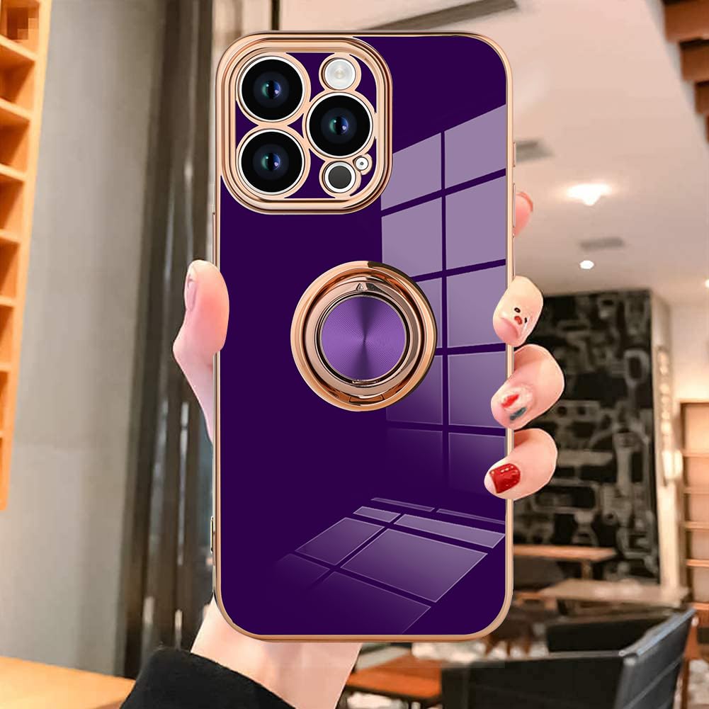 Kanghar Phone Case Compatible With Iphone 15 Pro Max For Women Girls, Plating Built-In 360 Rotation Magnetic Ring Kickstand Hold