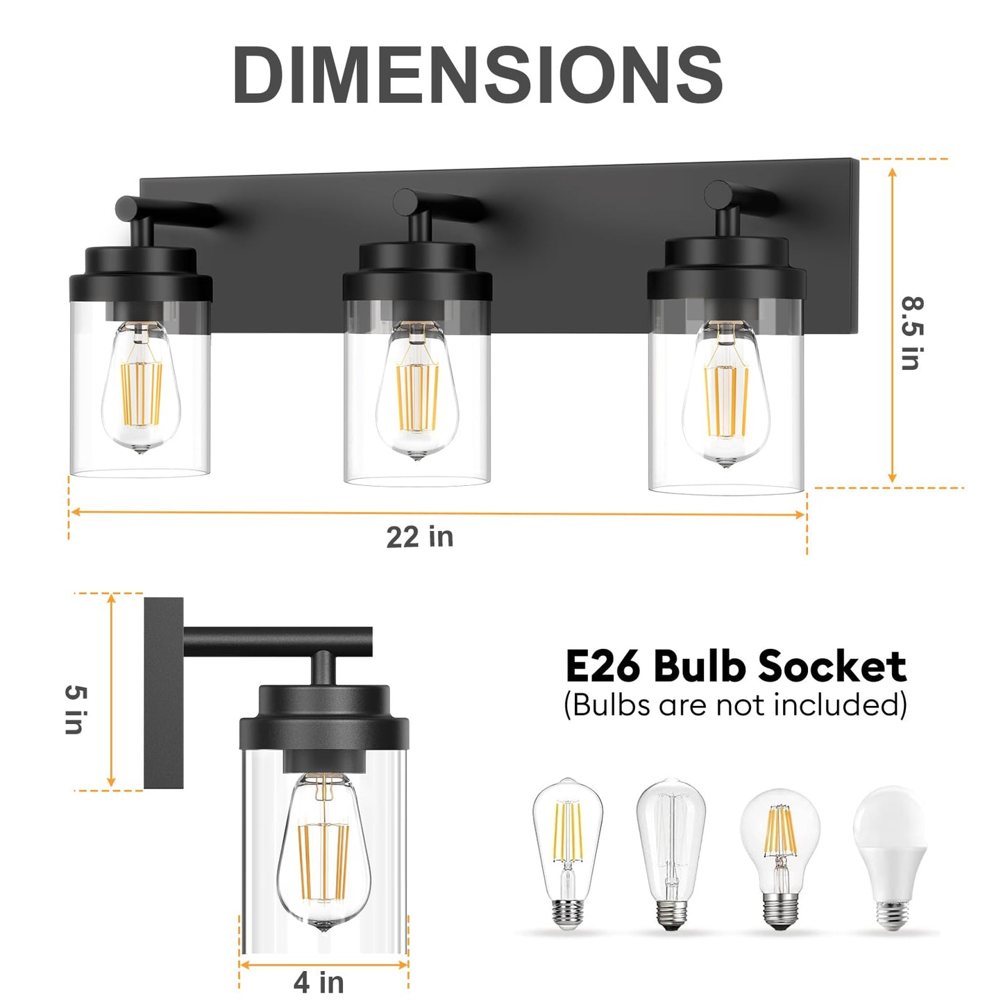 Izorro Bathroom Vanity Light Fixture  3-Light 22 Inch Matte Black Bathroom Light Fixtures Over Mirror  With Clear Glass Shade  Modern Farmhouse Vanity Lights  Rustic Restroom Lighting Fixtures