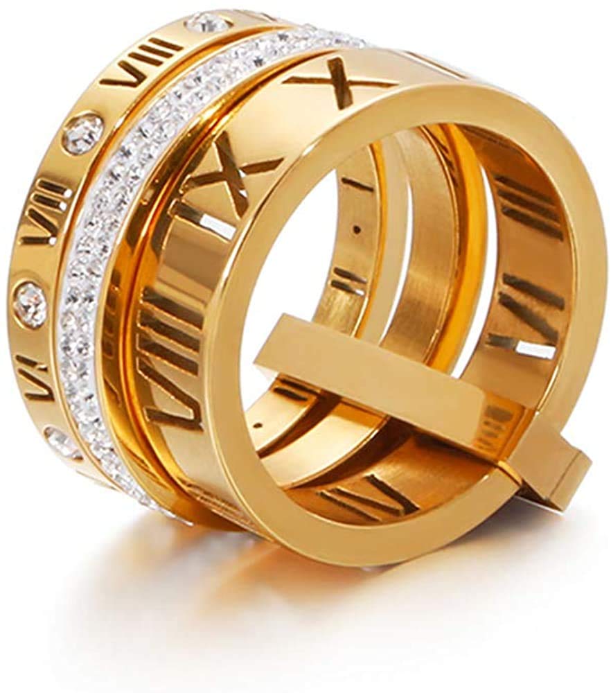 Jarlinwel Stainless Steel CZ Zirconia Roman Numeral Ring For Women Stacking Thumb 3 in 1 Spinner Rings (Gold, 7 Runs small)