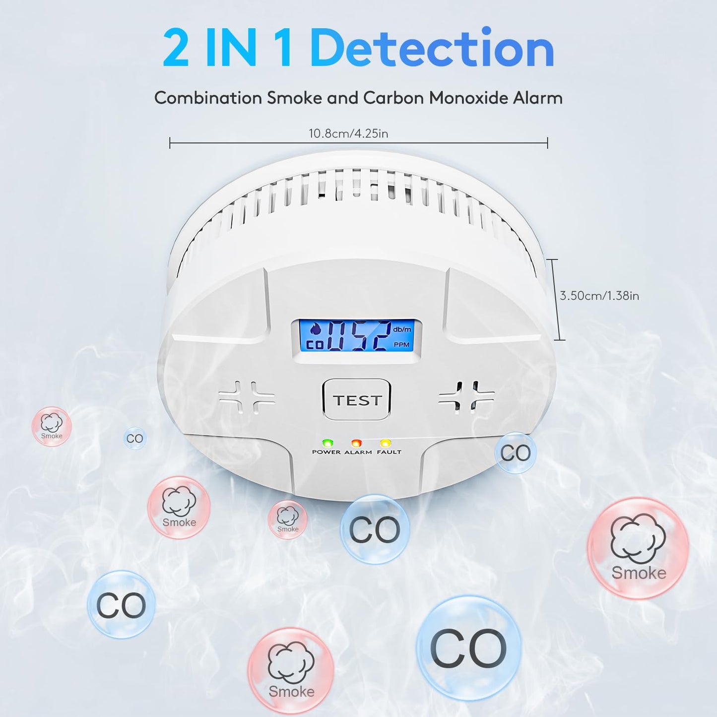 2 in 1,Combination Smoke and Carbon Monoxide Alarm,Detect CO,85 dB Alert,LCD Digital Readout,with 3 * 1.5V AA Batteries,Low Battery Warning,Self Test Button,Easy Installation and Maintenance