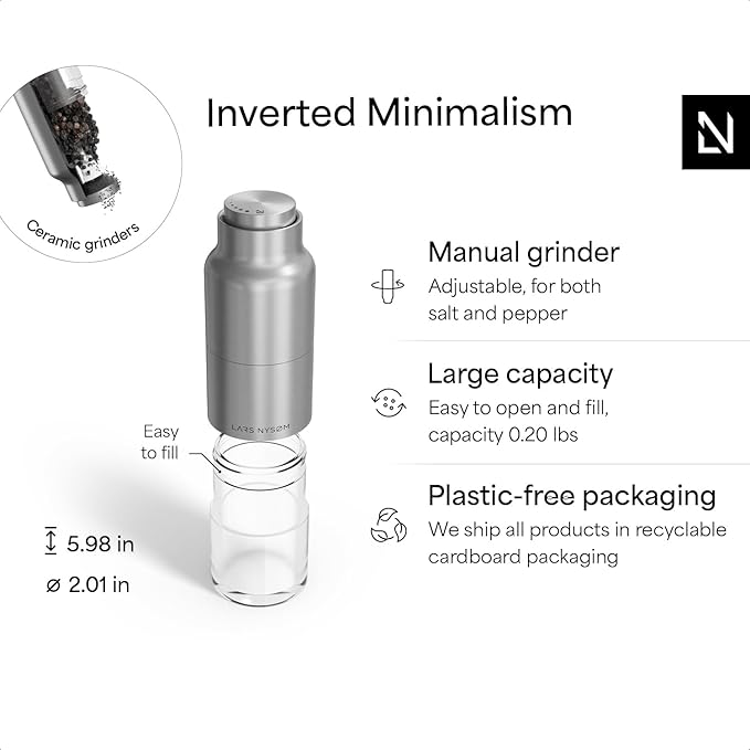 LARS NYSØM Salt and Pepper Grinder Set, Stainless Steel Manual Salt and Pepper Mills, Adjustable Ceramic Grinder, Design Spice Shakers (Stainless Steel)