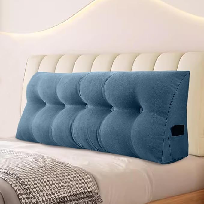 Large Triangular Headboard Pillows Long Backrest Positioning Support Bolster Cushion for Daybed Fluffy Quality Plush Body Wedge Pillow with Removable Cover(Dark blue-King-76x8x20in)