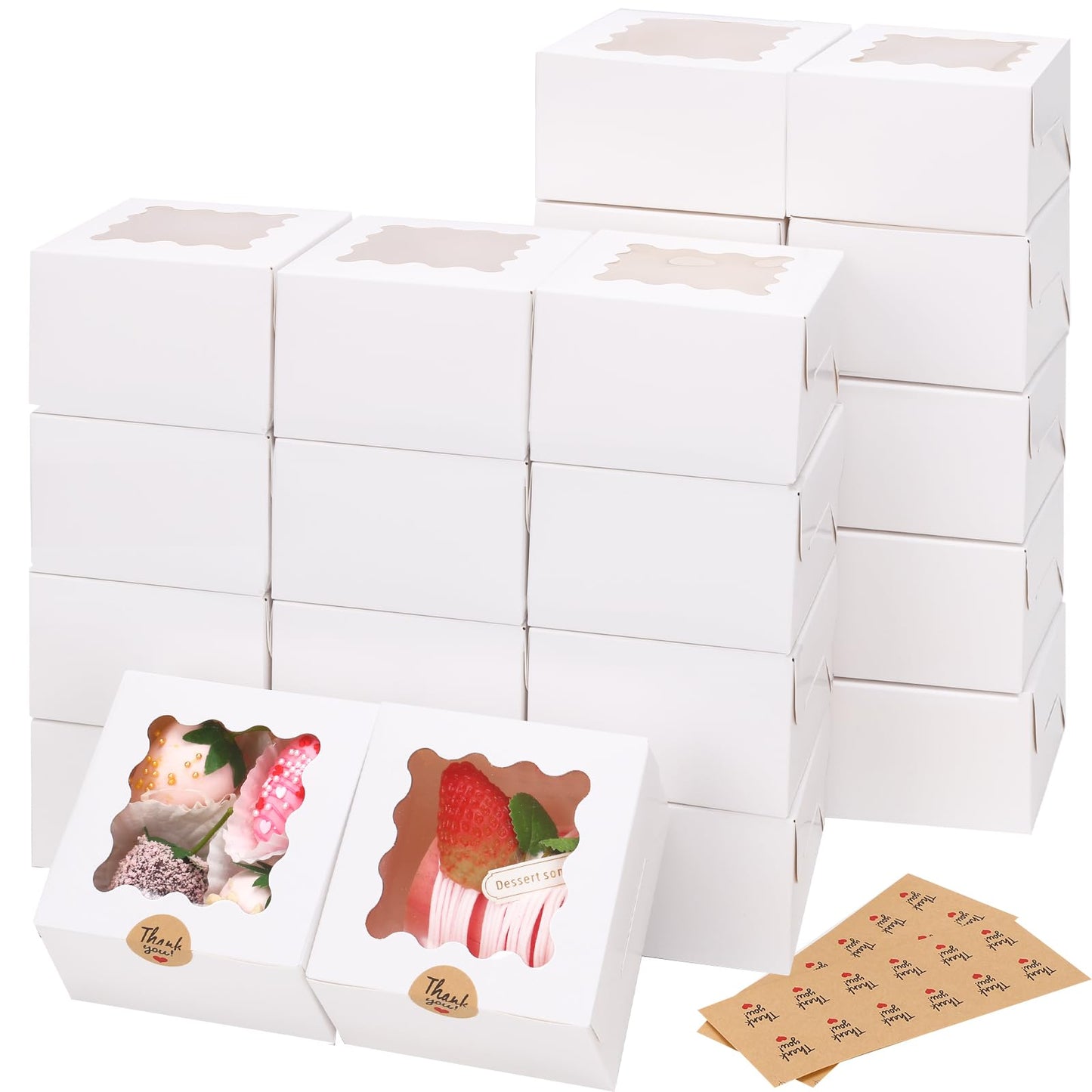 Moretoes Bakery Boxes with Window, 24pcs 4x4x2.5 Inches Bakery Boxes with Stickers for Small Cookies, Treats, Desserts, Chocolate Covered Strawberries, Mini Cake
