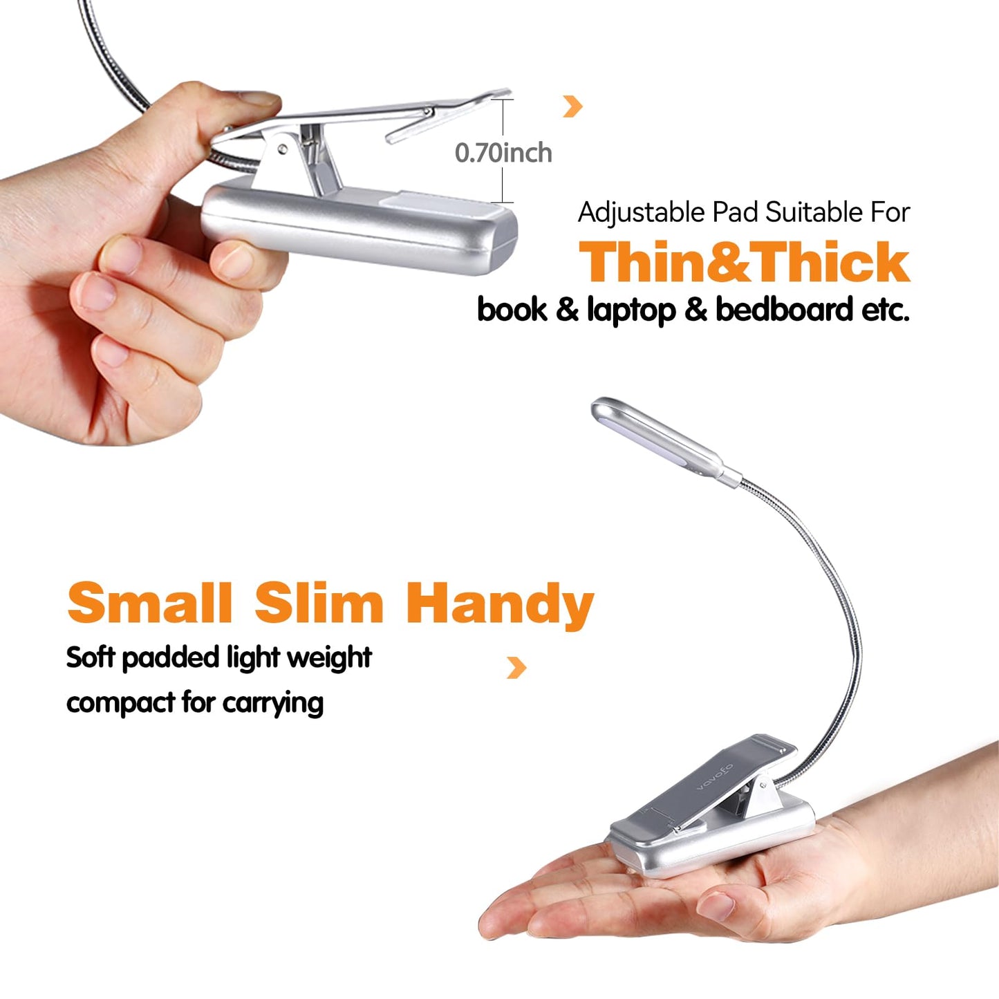 VAVOFO Rechargeable Book Light, 7 LED, 9-Level Brightness, Eye Care, Silver, Model KM-6720