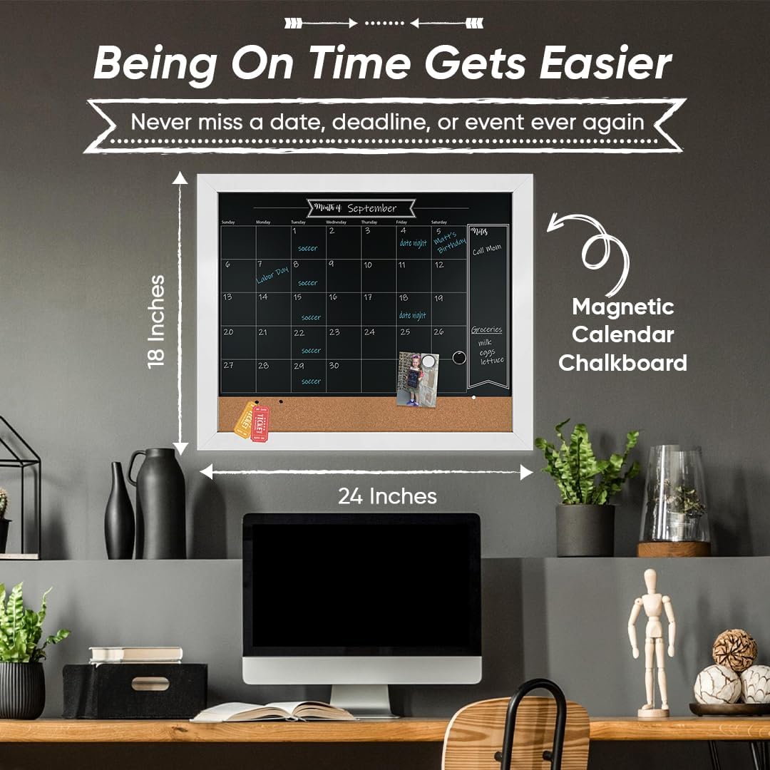 Loddie Doddie Chalkboard Calendar - 18" x 24" White Framed - Magnetic Chalkboard & Cork Bulletin Board with Chalk Markers, Push Pins & Magnets - Dry Erase Calendar for Wall