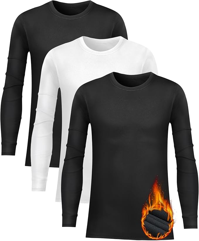 Rolimaka 3 Pack Youth Boys Compression Thermal Shirt Long Sleeve Fleece Undershirt Football Baseball Soccer Base Layer Top