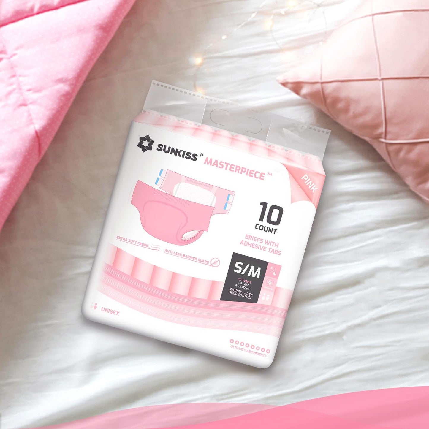 SUNKISS Masterpiece Adult Diapers with Tabs, Unisex Disposable Incontinence Briefs for Women and Men, Odor Control, Pink, Small/Medium, Previously Medium,10 Count