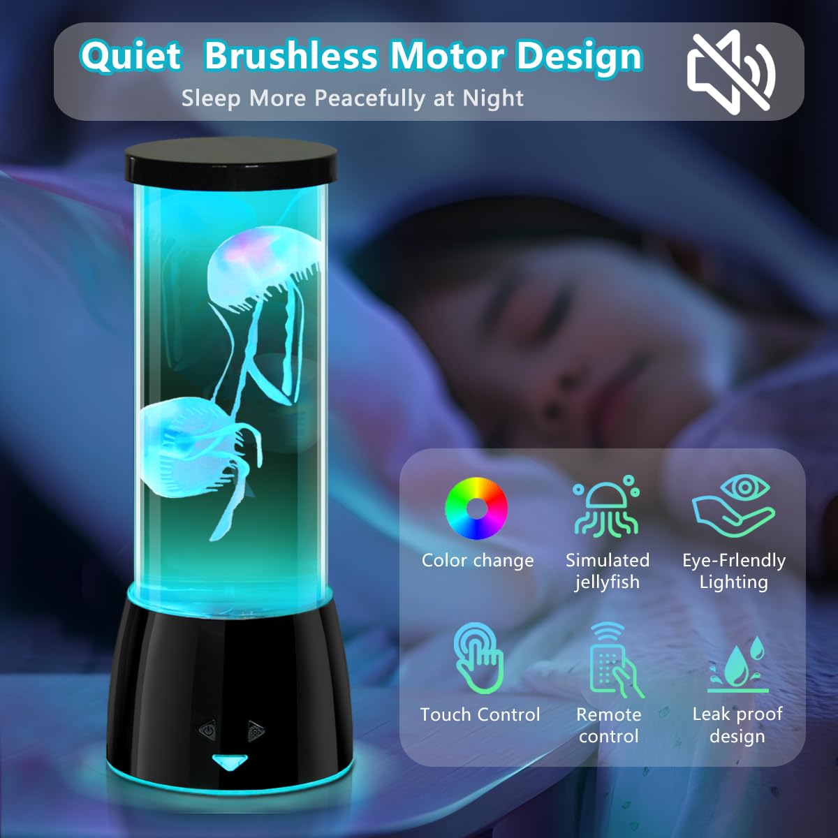 LEDHOLYT LED Jellyfish Lamp - Remote Dimmable, Color Changing Mood Light, Model JF6607, Black