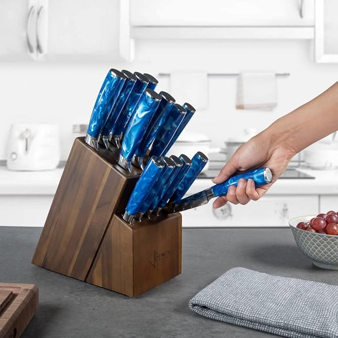 SENKEN 16-Piece Kitchen Knife Block Set - Japanese Chef's Knife Set with Laser Damascus Pattern, Includes 6 Steak Knives and Smoothly Finished Acacia Hardwood Knife Block (Blue Resin Handles)