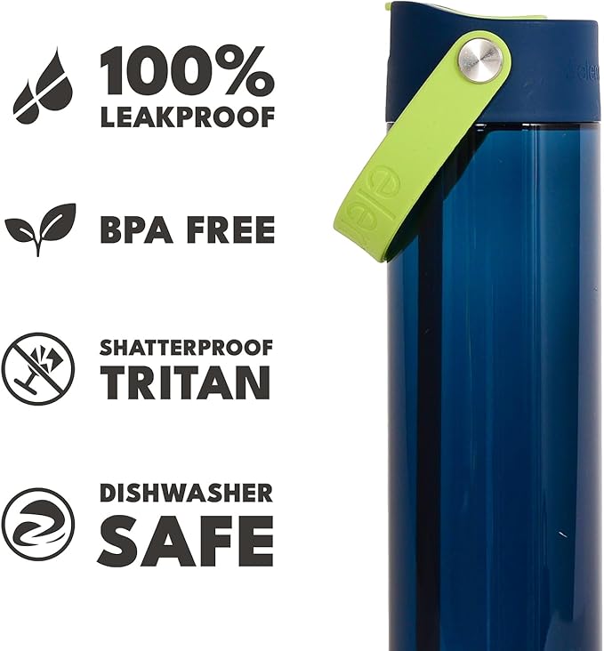 Elemental Splash Water Bottle with Straw - BPA-Free Tritan Plastic Reusable Water Bottle with Strap - Ideal for Travel, Gym and Sports - Leak Proof when Spout is Closed - 26oz - Deep Sea