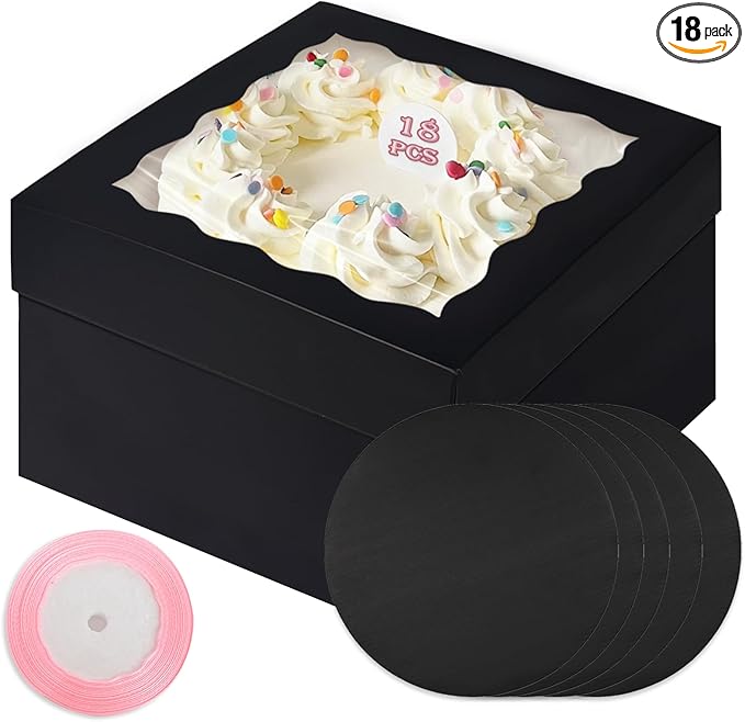 qiqee Black 10x10x8 Cake Box, 18 Sets Cake Box with Window ＆ 18 Sets 10" Cake Round Boards, 10inch Cake Containers, 10 Meters Pink Silk Ribbon Includes