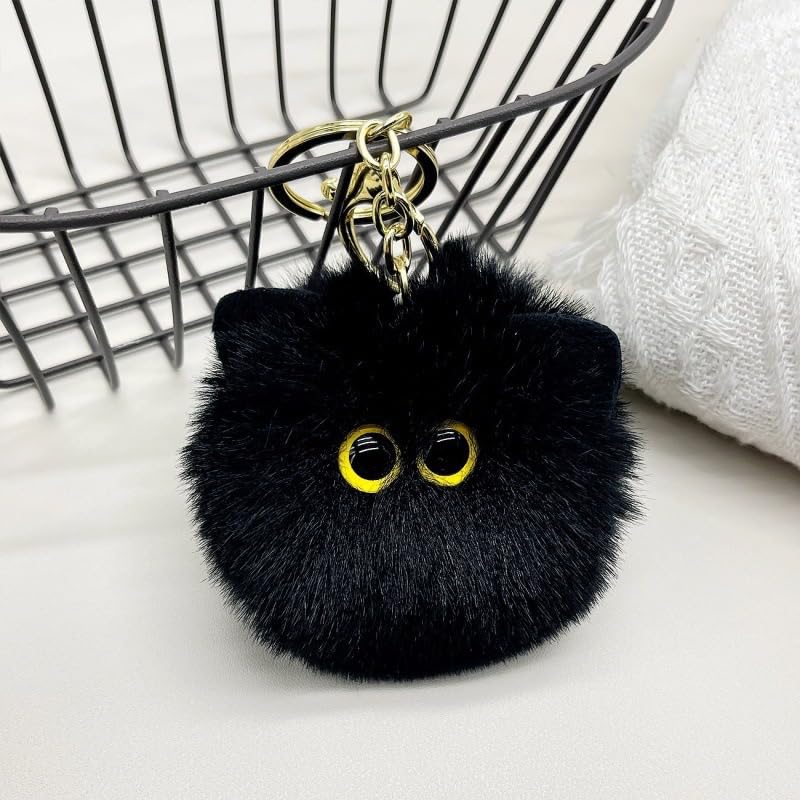 TVRTFQ Cute Cat Head Plush Keychains Black Cat Pom Pom Keychain Creative Animal Car Keychain Mini Cartoon Kawaii Backpack Pendant Birthday Fashion Gift for Women (1, Black)