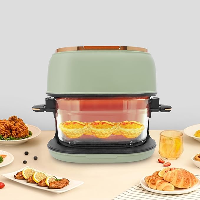 4.2QT/4L Air Fryer, Long Tray Design, Visible Glass Air Fryer, Temperature Control, 1-120min Timer, Touch Screen,1350W, Cook Shrimp, Steak, Fries, Wings, Chicken, Cake & More (Green)