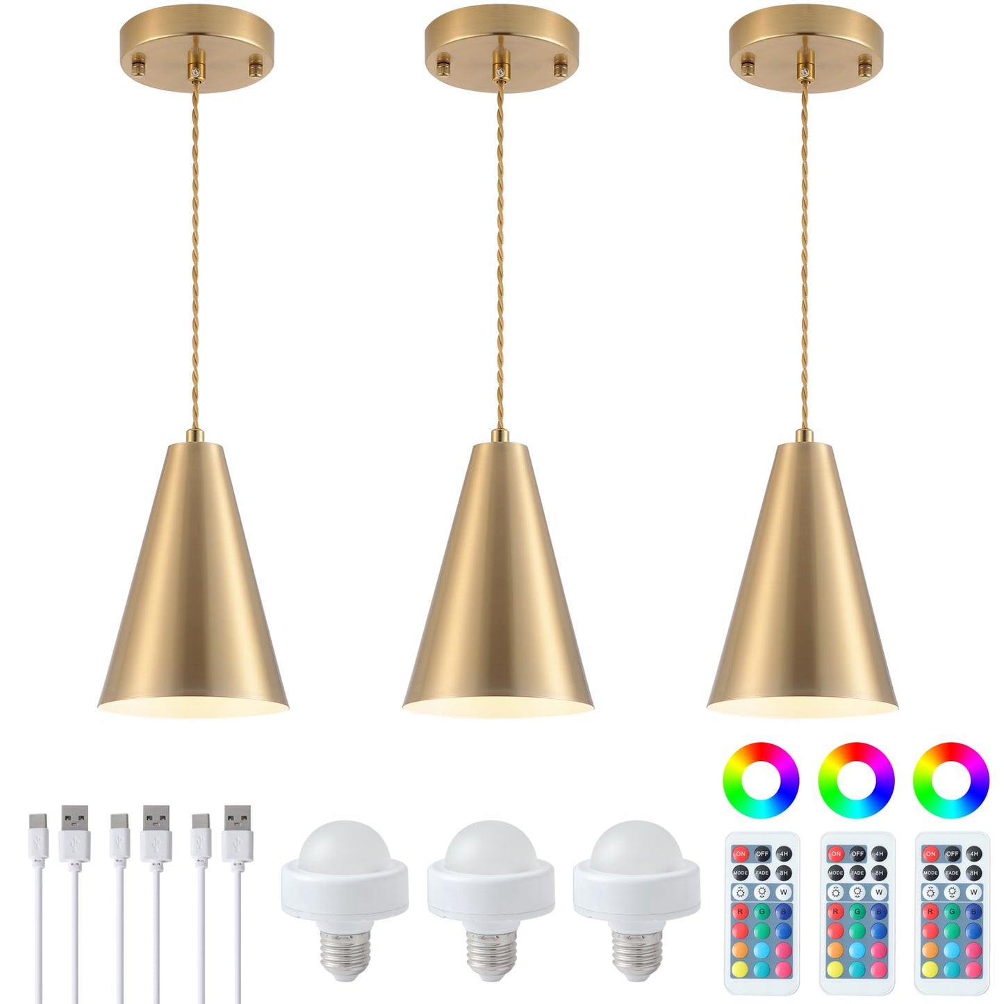 Dijiahua Gold Battery Operated Pendant Lights, 3 Pack, Remote Control, Wireless Rechargeable, Brass Metal Shade, Model P-JDH0117