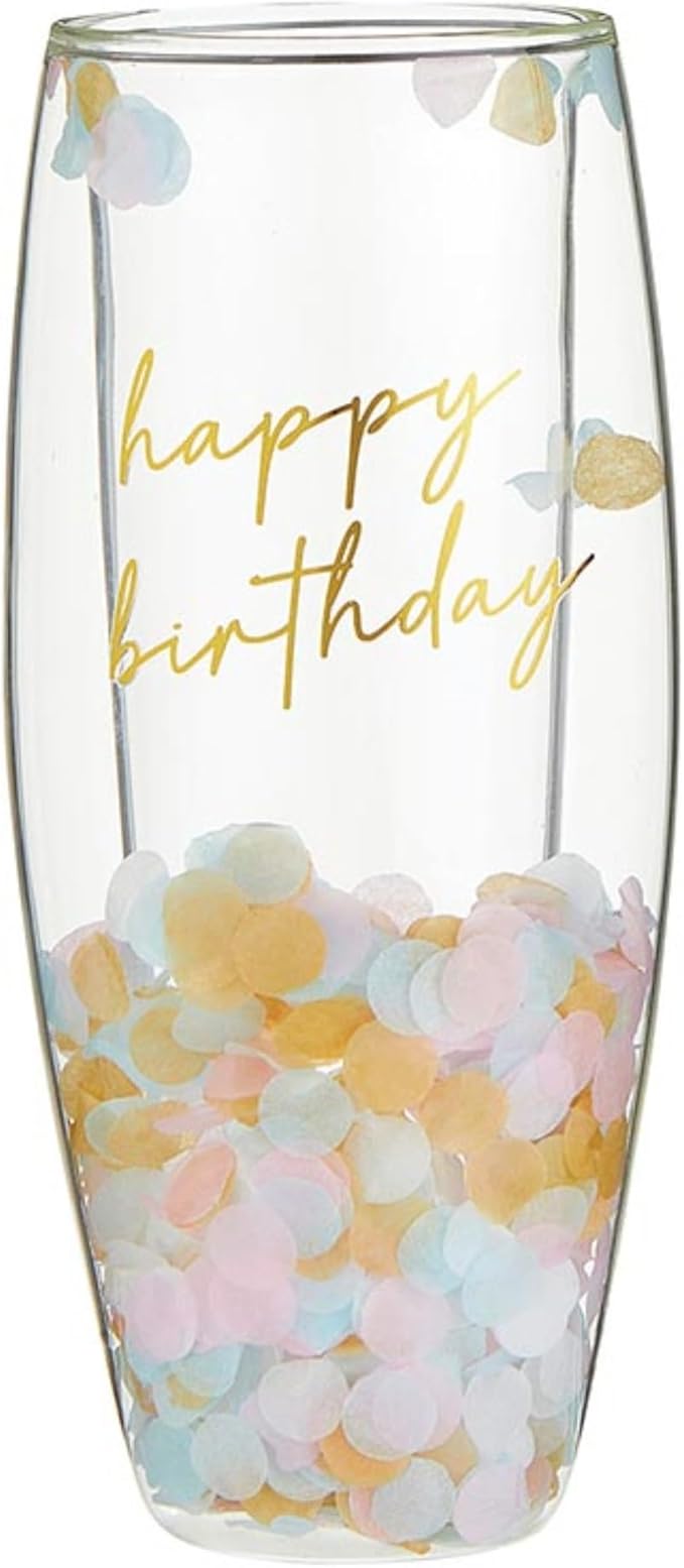 Slant Collections Colorful Confetti Birthday Double Wall Glass Stemless Champagne Glass, 8-Ounces, Happy Birthday