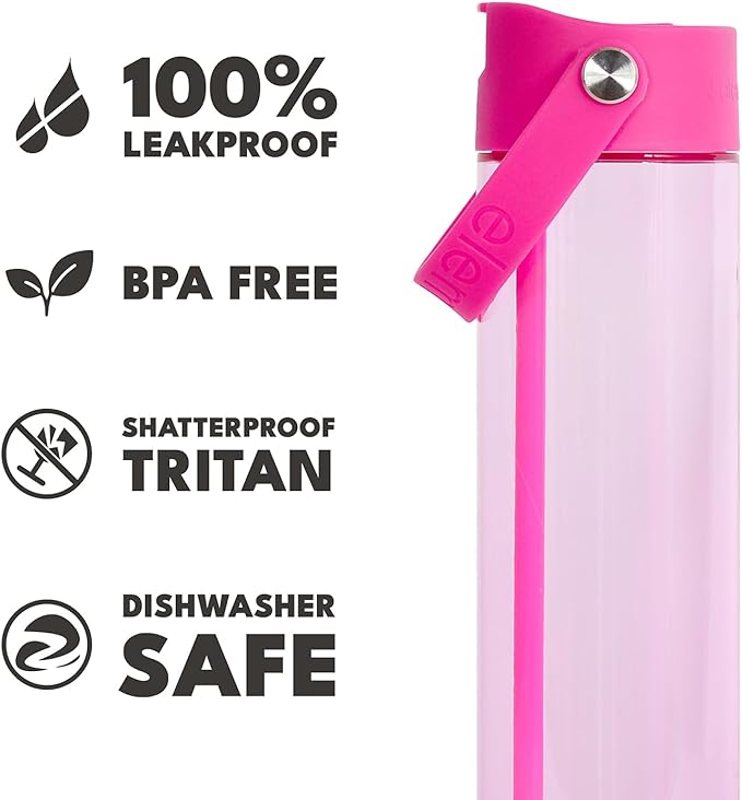 Elemental Splash Water Bottles - BPA-Free Tritan Plastic Reusable Water Bottle with Strap - Ideal for Gym and Sports Leak Proof when Spout is Closed - Hot Pink & Midnight Clear - 26oz (2 Pack)