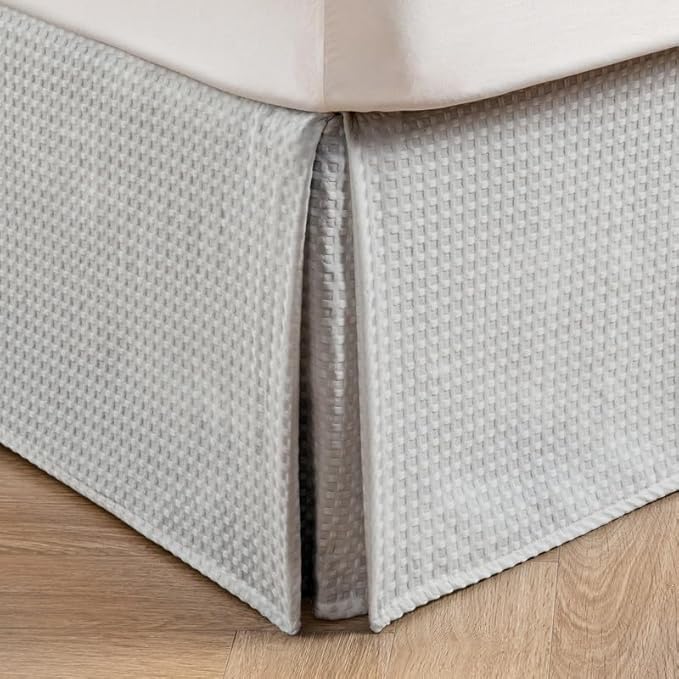 MIYE Pleated Waffle Weave Bed Skirt, Tailored Dust Ruffle 18 Inch Drop Easy Fit, Machine Washable (Light Grey, King - 18" Drop)