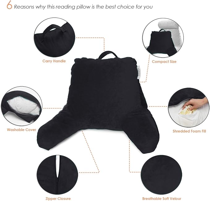 Nestl Reading Pillow Standard Bed Pillow, Back Pillow for Sitting in Bed Shredded Memory Foam Chair Pillow, Reading & Bed Rest Pillows Black Back Pillow for Bed, Bed Chair Arm Pillow with Pockets
