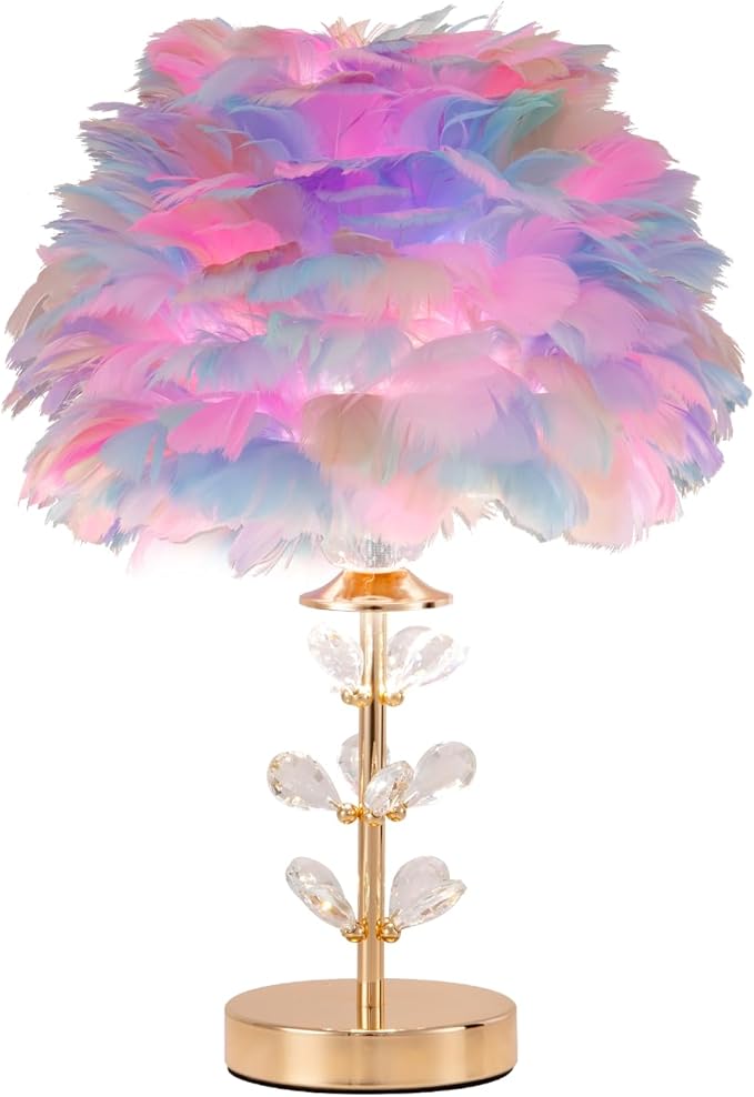 Colorful Feather Lamp Creative Furry Table Lamp Modern Feather Desk Lights Romantic Princess Bedside Nightstand Light for Teen Girls Bedroom Living Room Wedding Entryway Office