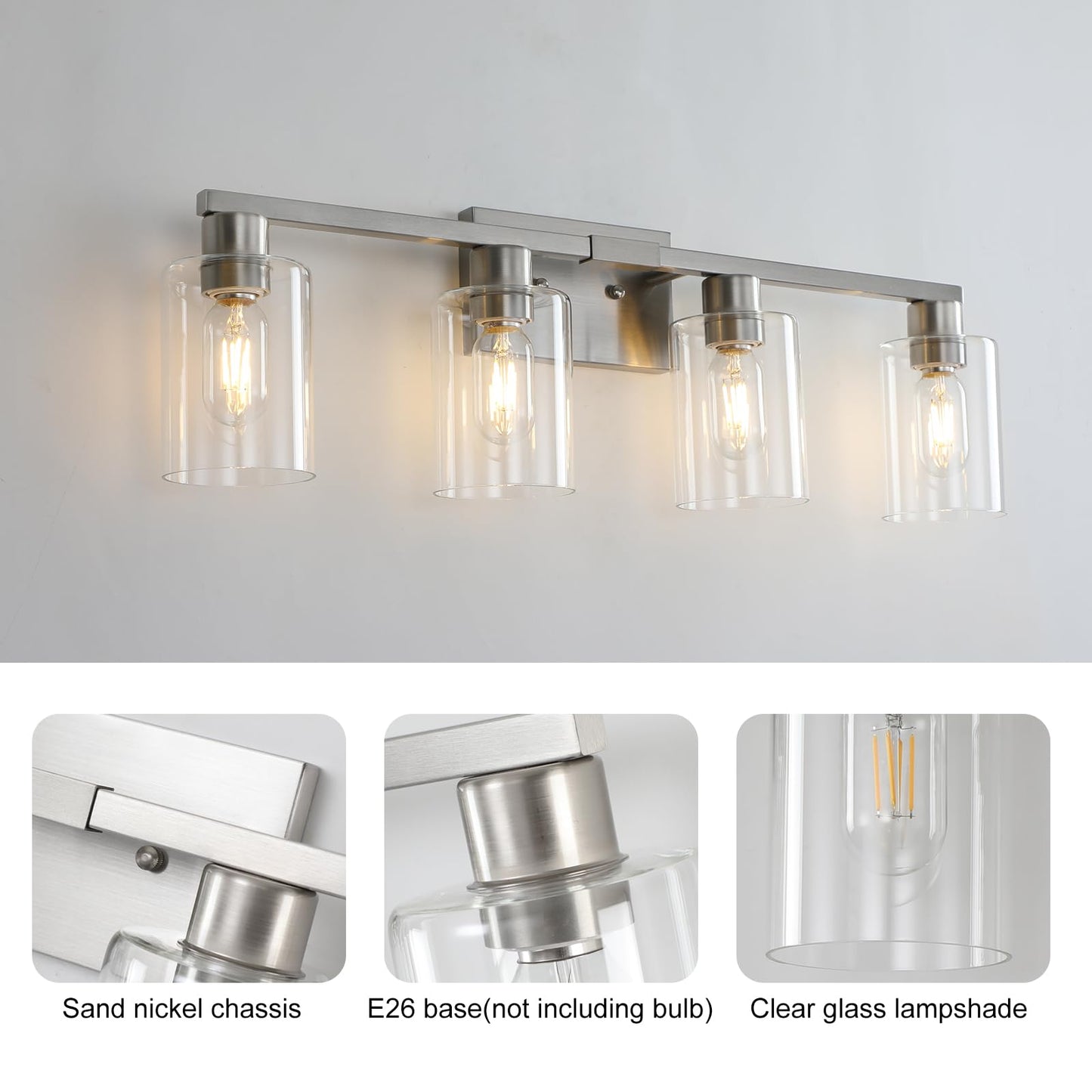 Sopeas 4 Light Bathroom Light Fixtures  Brushed Nickel Modern Bathroom Vanity Light With Clear Glass Shade  Bathroom Lighting Fixtures Over Mirror  Vanity Lights For Bathroom Mirror