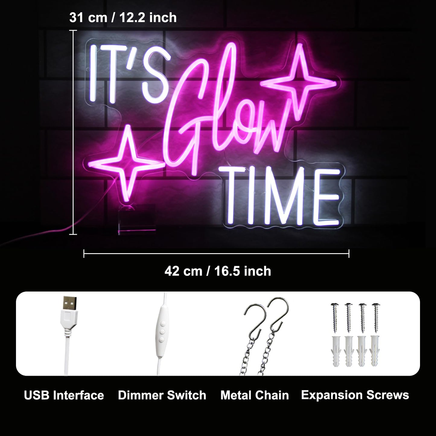 ItS Glow Time Neon Sign Party Decorations Pink White Letter Neon Light Star Led Sign For Wall Celebrate Party Neon Signs For Bedroom Thanksgiving Christmas New Year Bar Decor Girl Gifts