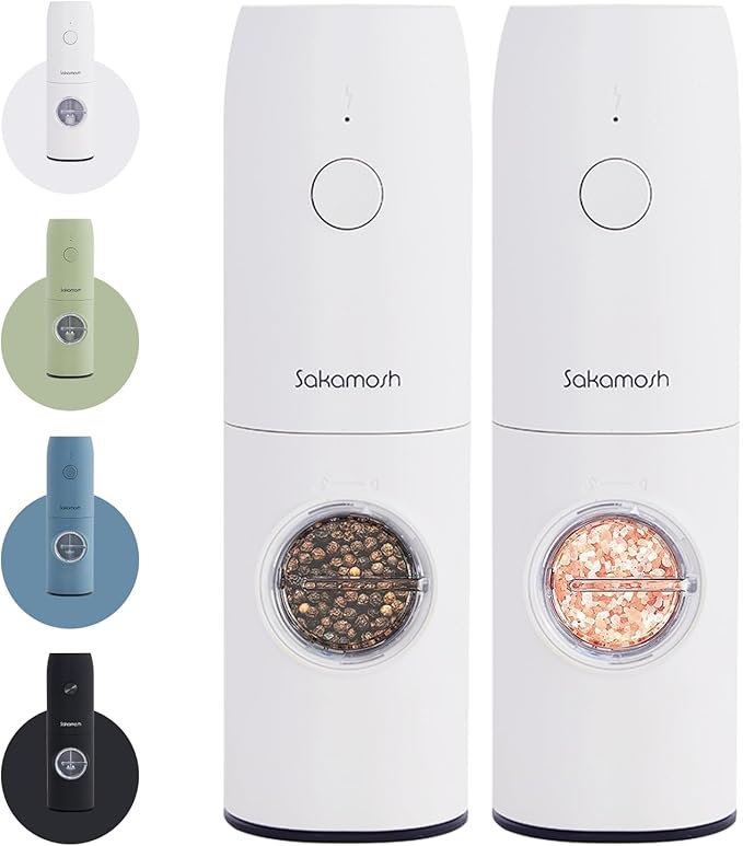 Electric Salt and Pepper Grinder Set Rechargeable, Light Grayish White Automatic Pepper Grinder with Adjustable Coarseness, LED Light, Electric Salt and Pepper Shakers Refillable (2 Packs)