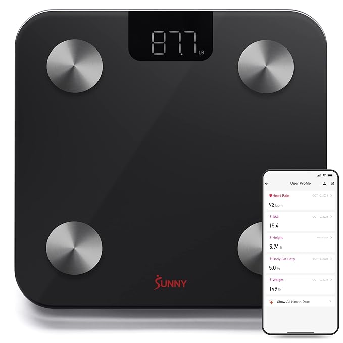 Sunny Health & Fitness 20 Metric Advanced Body Fat Composition BMI Scale with Health Tracker & Analyzer App - Smart Bathro...