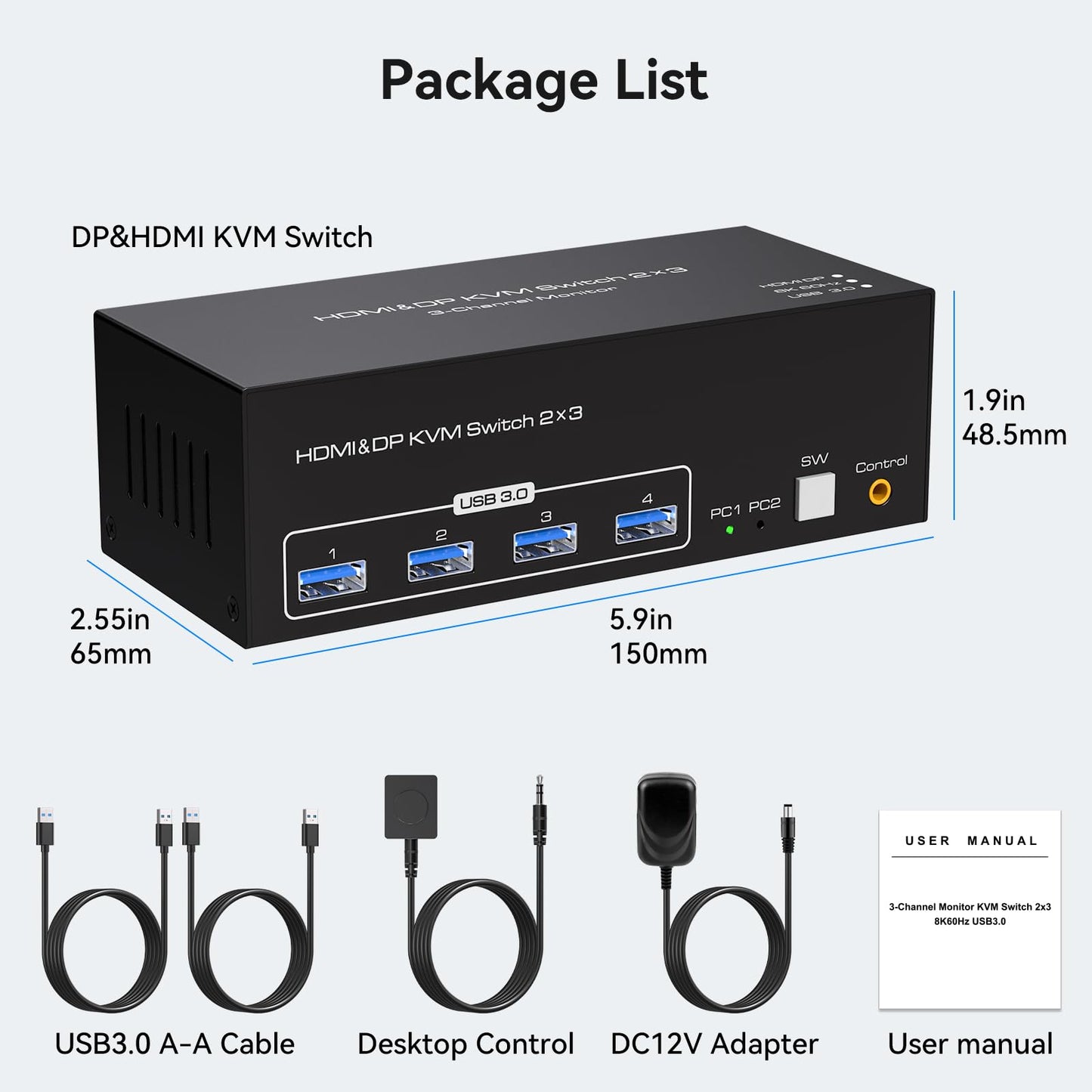 ATLAHET 8K HDMI 2 Displayport KVM Switch 3 Monitors 2 Computers DP 1.4 8K 60Hz 4K 120Hz Display Port for Two PC Share Triple Monitor and 4 USB 3.0 Peripherals Support Extended and Duplicate Mode