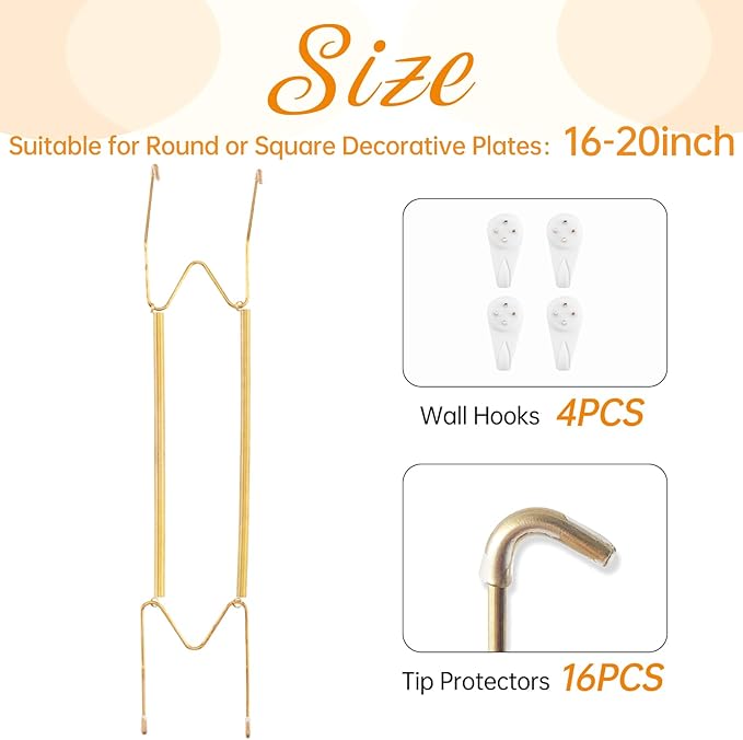 4 Pack Plate Hangers for The Wall, Suitable for 16-20 inch Art Plate, Stainless Steel Invisible Heavy Duty Wire Plate Holder with Wall Hooks, Plate Hangers for Displaying Plates, Platter, Dish, Gold