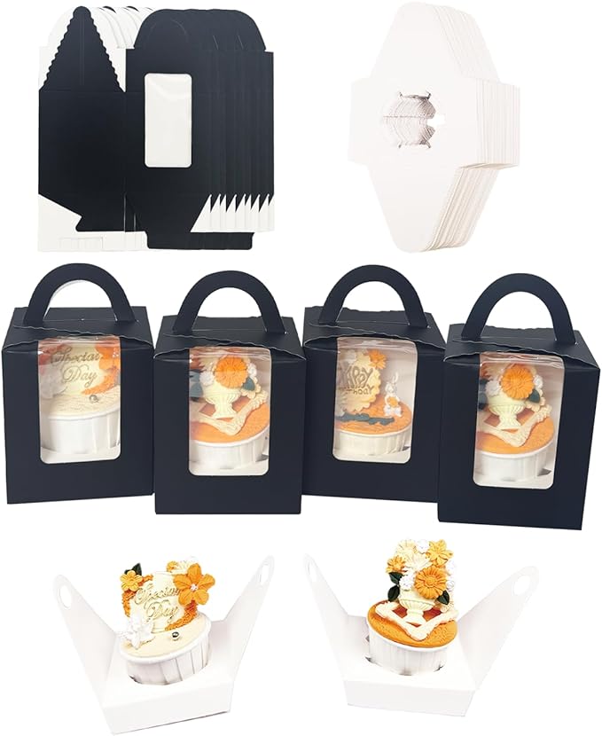 Bakepacker Auto-pop up Individual Cupcake Boxes with Window 25 Count Black Single Cupcakes Box 3.7 x 3.7 x 4.3inch Cupcake Carrier
