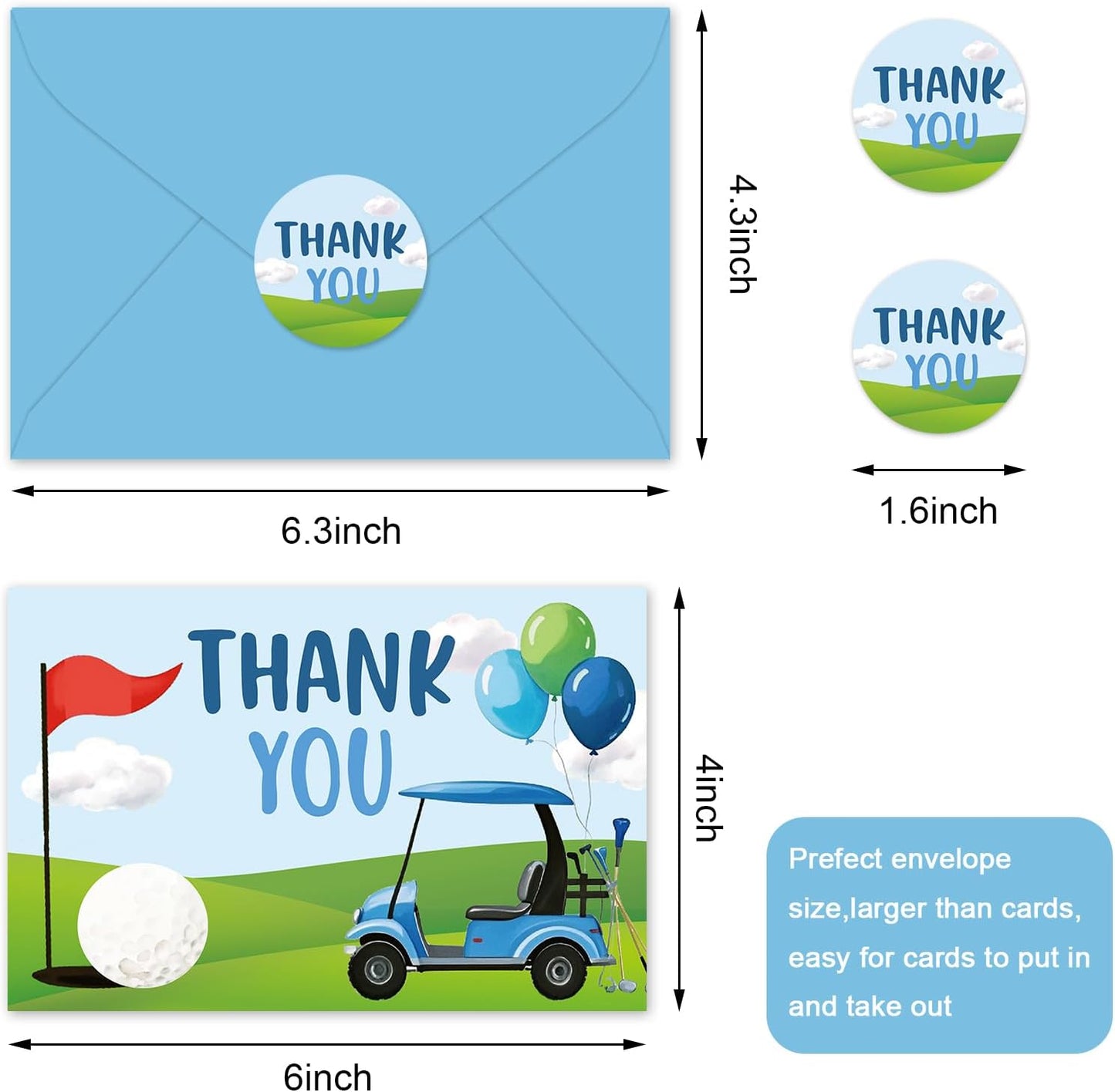 Whaline 24Pcs Golf Thank You Cards Golf Course Cart Balloon Greeting Card Blue Green Blank Note Cards with Envelope Sticker for Birthday Sport Party Supplies