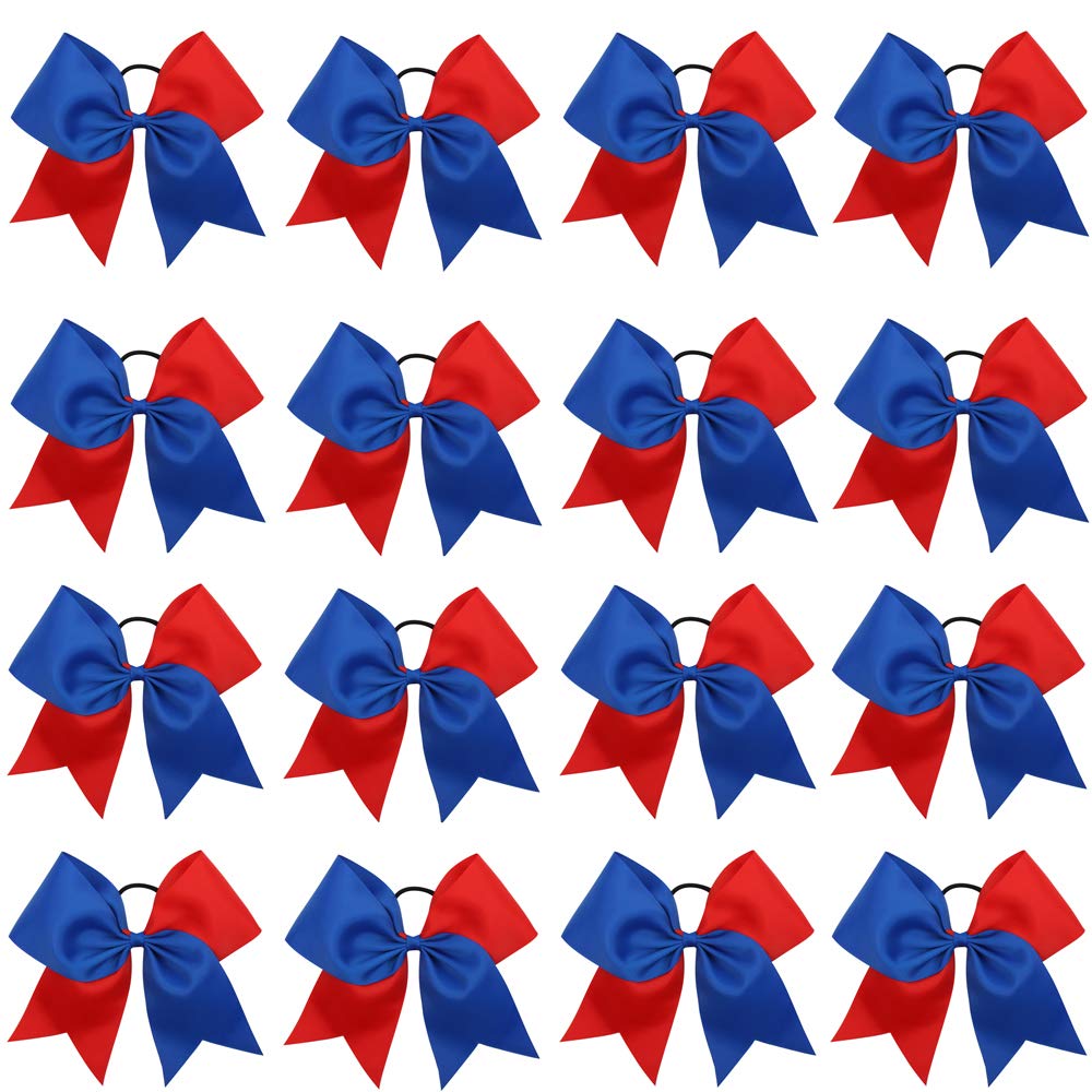 16PCS 8 Large Cheer Hair Bows Ponytail Holder Elastic Band Handmade for Cheerleading Teen Girls College Sports (Royal blue/Red,