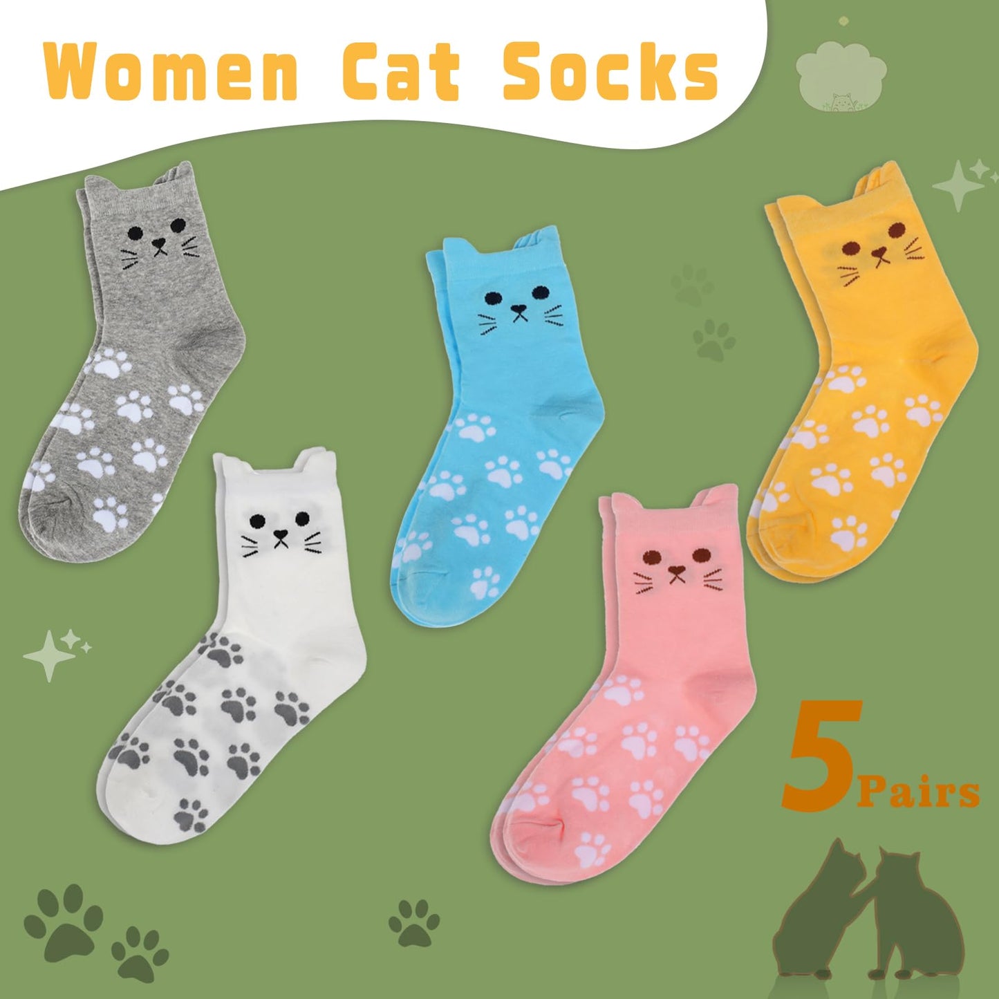 ZXGXLAW 5 Pack Women's Cat Socks Colorful Cute Funny Crew Socks,Novelty Gifts for Teenage Girls Girlfriend Animal Lovers