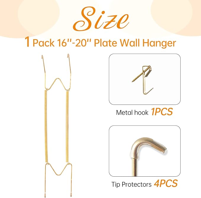 Bilillo 1 Pack Plate Hanger for the Wall, 16–20 Inch Large Decorative Plate, Stainless Steel Invisible Heavy Duty Spring Plate Holder with Wall Hook, Secure Display for Platters and Collectible Plates