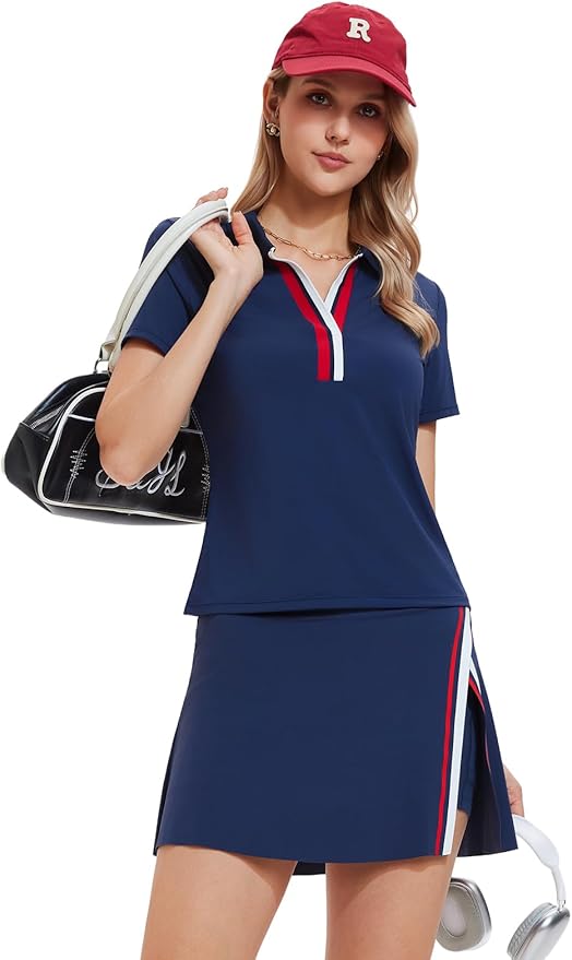 Women’s 2 Piece Tennis Skirt Set Colorblock V Neck Polo & High Waisted Side Slit Skort Athletic Outfit for Pickleball Golf