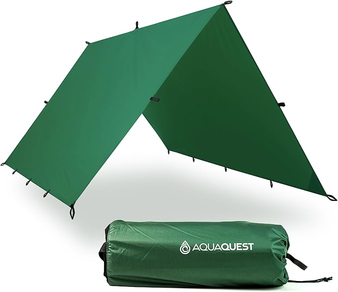 AquaQuest Guide Camping Tarp - Ultralight Tent Cover or Rain Fly - Waterproof Camping Gear Must Haves for Hiking, Hammock, Bivy & Survival, 10 x 7 ft, Forester Green
