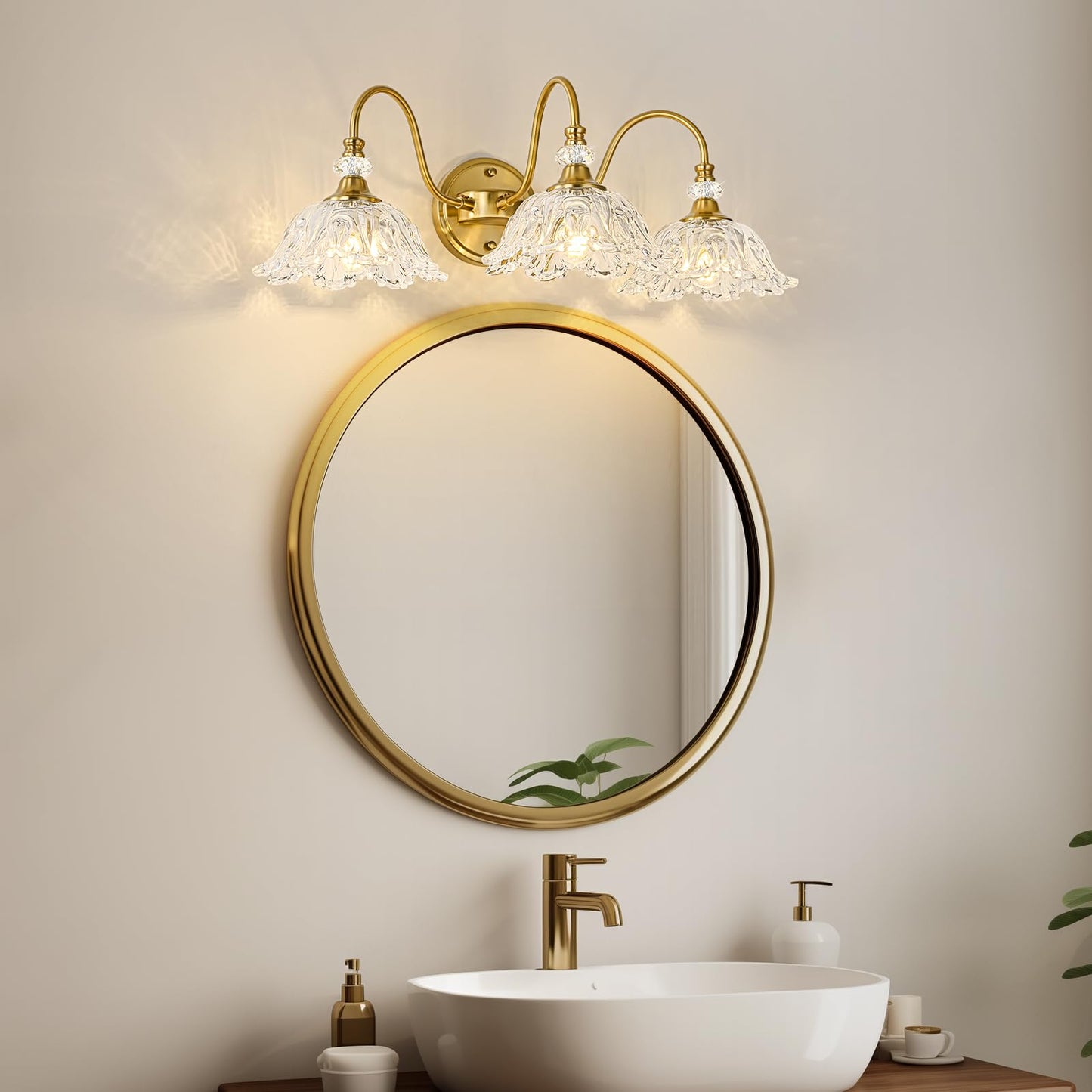 Sunkryster Gold Bathroom Vanity Light  3-Light Brushed Gold Finish Vanity Light With Floral Clear Glass Shades  Retro Wall Mount Lighting For Bathroom  Dressing Table