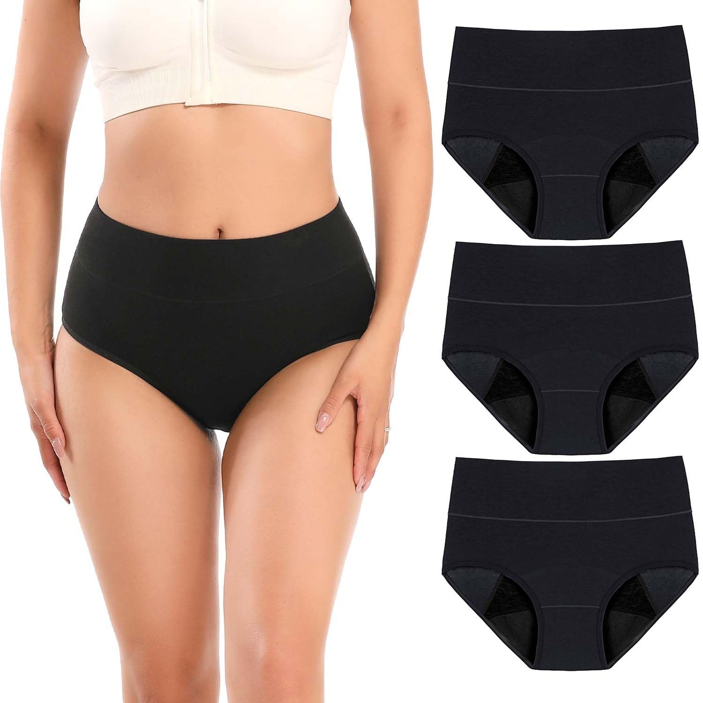 Molasus Incontinence Underwear for Women High Absorbency Period Leakproof Cotton Underwear Heavy Flow Menstrual Protective Panties Bladder Control Briefs 3 Pack,Black,X-Large