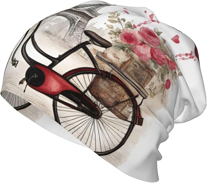 Love Paris Tower Coffee Wine Perfume Bicycle Heart Print Beanie Hat Soft Thermal Cap Winter Headwear for Cold Indoor Outdo...