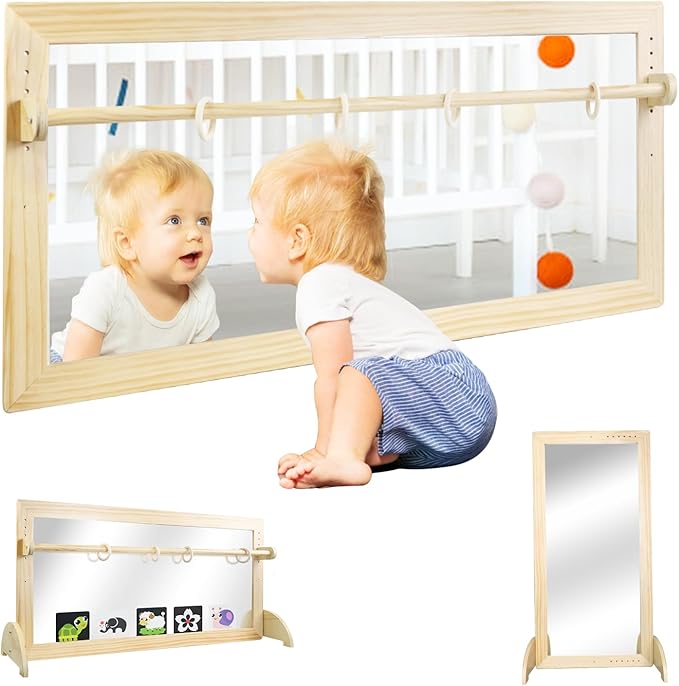 LAKNUAL Montessori Mirror with Bar, Adjustable Wood Baby Pull Up Bar, Floor & Wall Shatterproof Safety Infant Coordination...