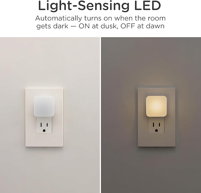 Lights By Night Mini Square LED Night Lights Plug Into Wall, Dusk to Dawn Sensor, Compact, Ambient Lighting, for Kids or Adults, Bedroom, Bathroom, Nursery, Hallway, 4 Pack, 82488