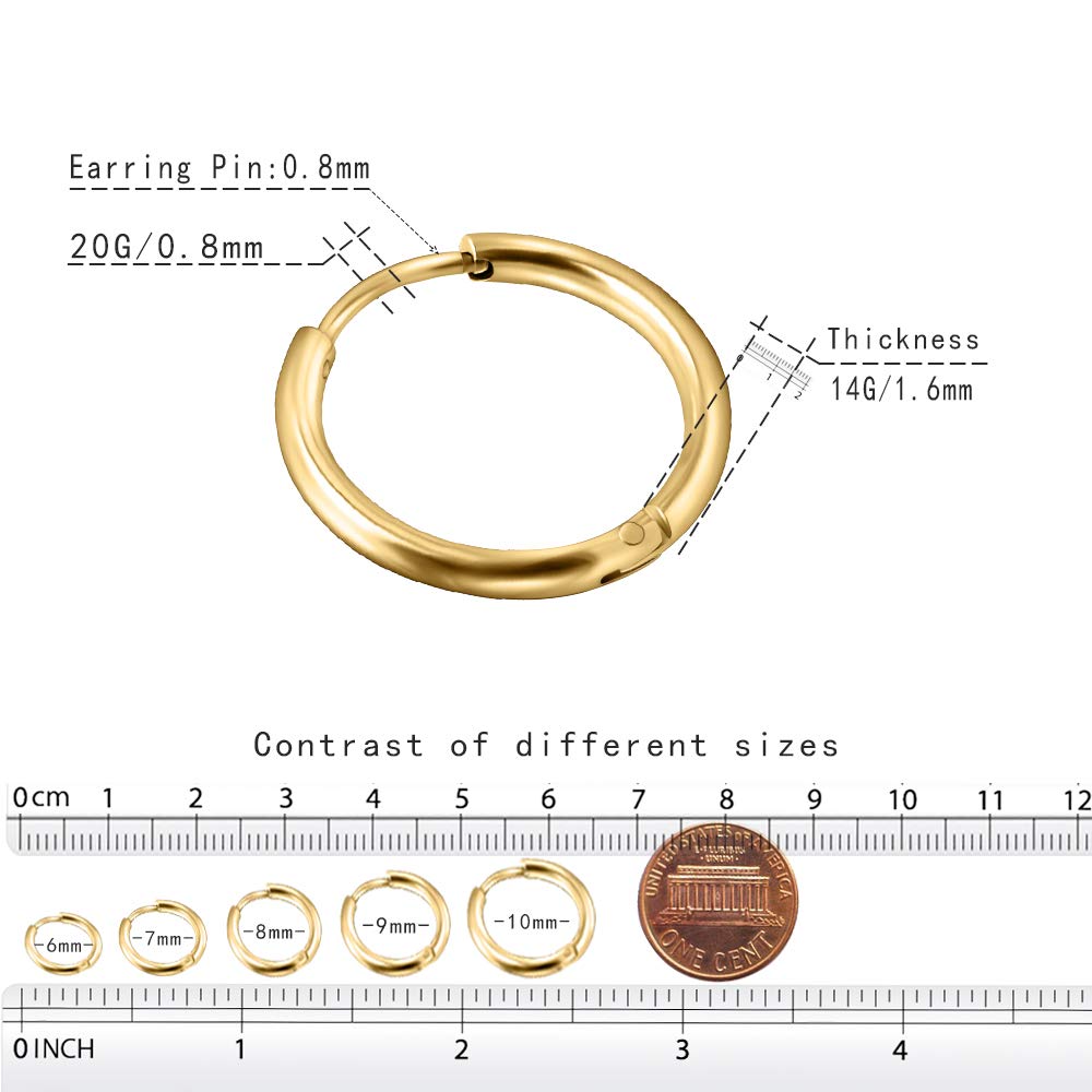 6Pcs 316L Surgical Stainless Steel Small Gold Huggie Hoop Earrings 6mm 8mm 10mm Hypoallergenic Earrings Hoop Cartilage Helix Lob