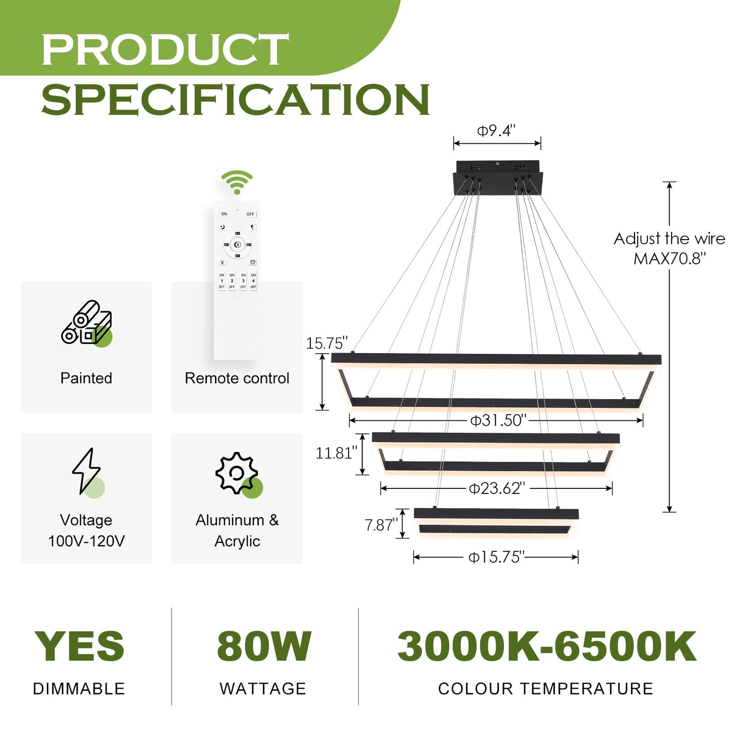 Benkut LED Chandelier, 31.5in Rectangle, Dimmable with Remote, 3 Tier Flush Mount, Black, Aluminum, for High Ceilings, Dining Room, Living Room
