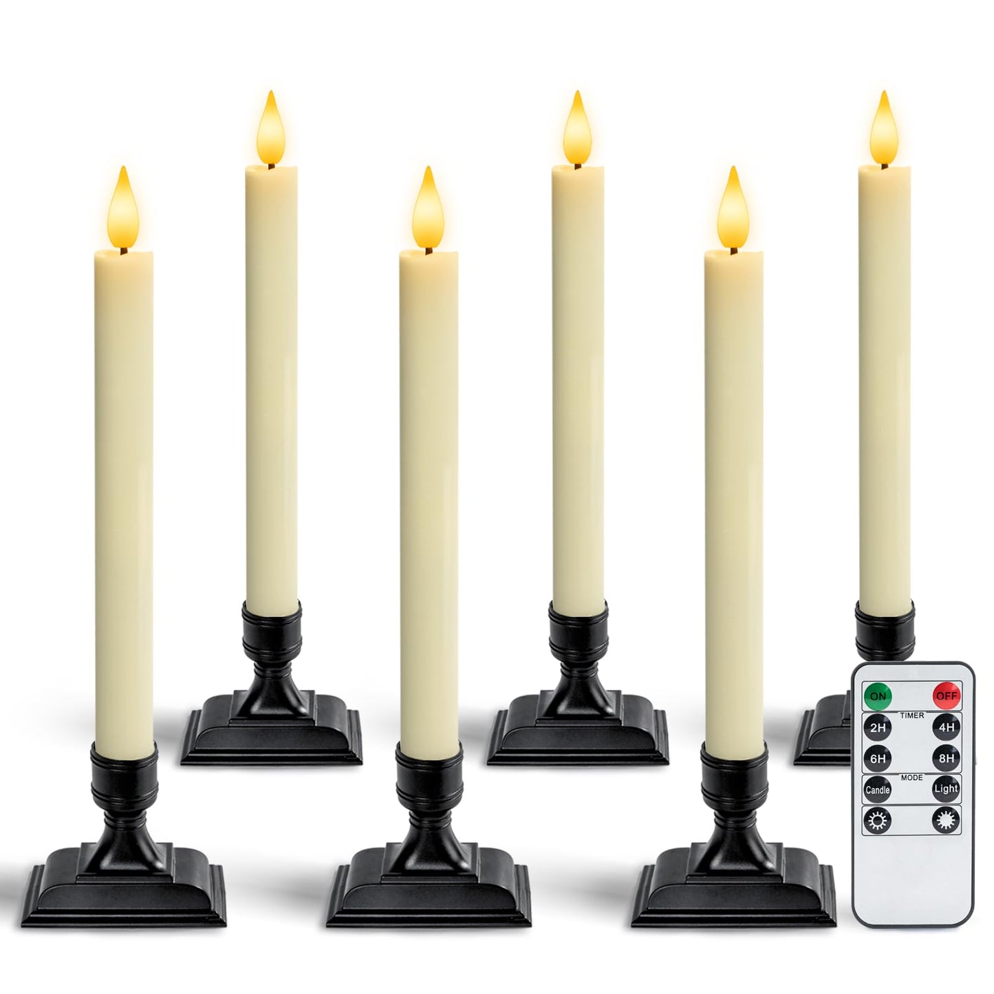 Homemory Real Wax Window Candles with Remote Timer Dimmer, Flameless Taper Candles with Holders, Christmas Candle for Window Battery Operated, LED Candlesticks for Home Holiday Decor,6 Pcs Ivory