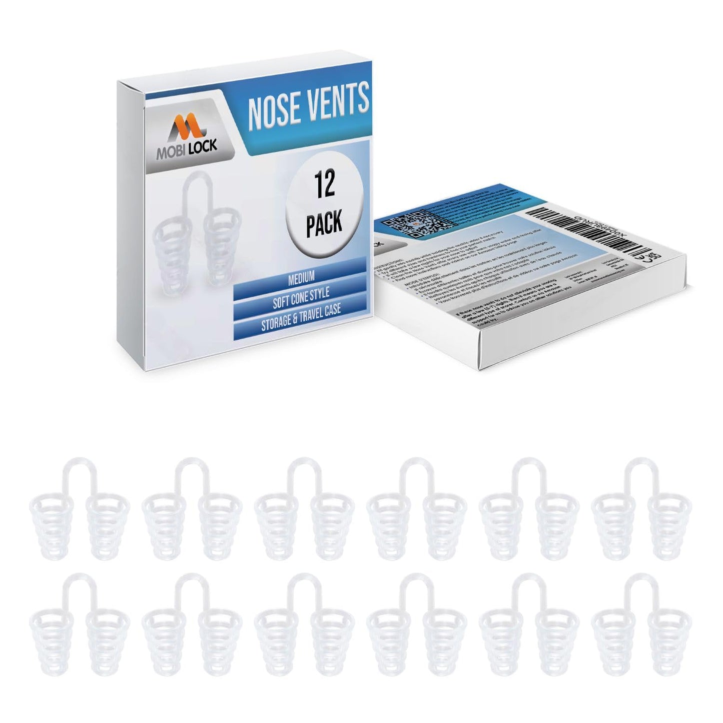 Nose Vent Sinus Relief (Pack of 12 Medium Size) Soft Cone Vents - A Simple Solution for Nasal Snorers - Reusable Snoring Device to Enjoy a Peaceful Night's Sleep - by Mobi Lock