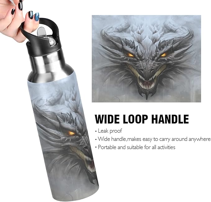 Blueangle 20 OZ Scary Dragon Water Bottle with Straw, Sports Water Bottle BPA Free Stainless Steel Water Jugs for Gym, Kitchen, Working, Outdoor（971）
